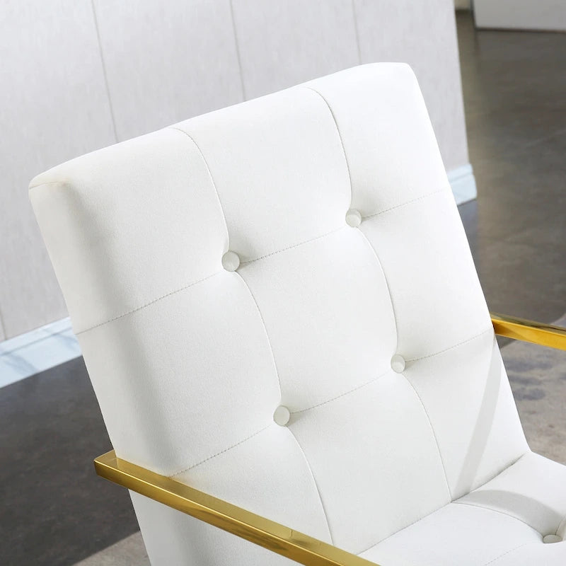 Chaise de salle à manger moderne en velours avec accoudoirs, capitonnée et base en acier inoxydable doré