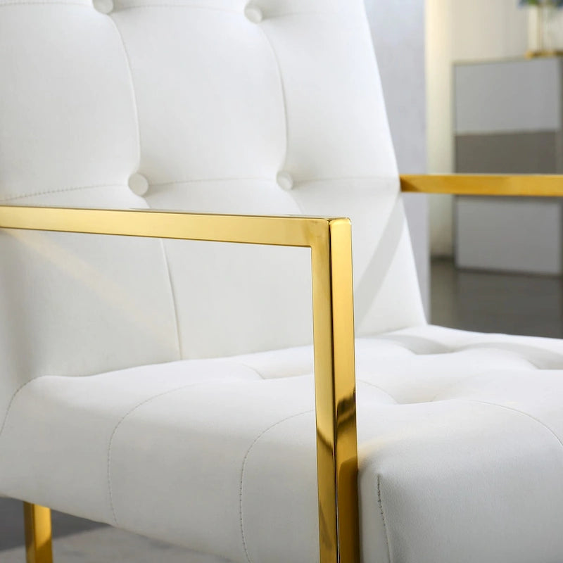 Chaise de salle à manger moderne en velours avec accoudoirs, capitonnée et base en acier inoxydable doré