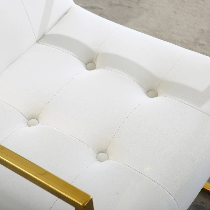 Chaise de salle à manger moderne en velours avec accoudoirs, capitonnée et base en acier inoxydable doré