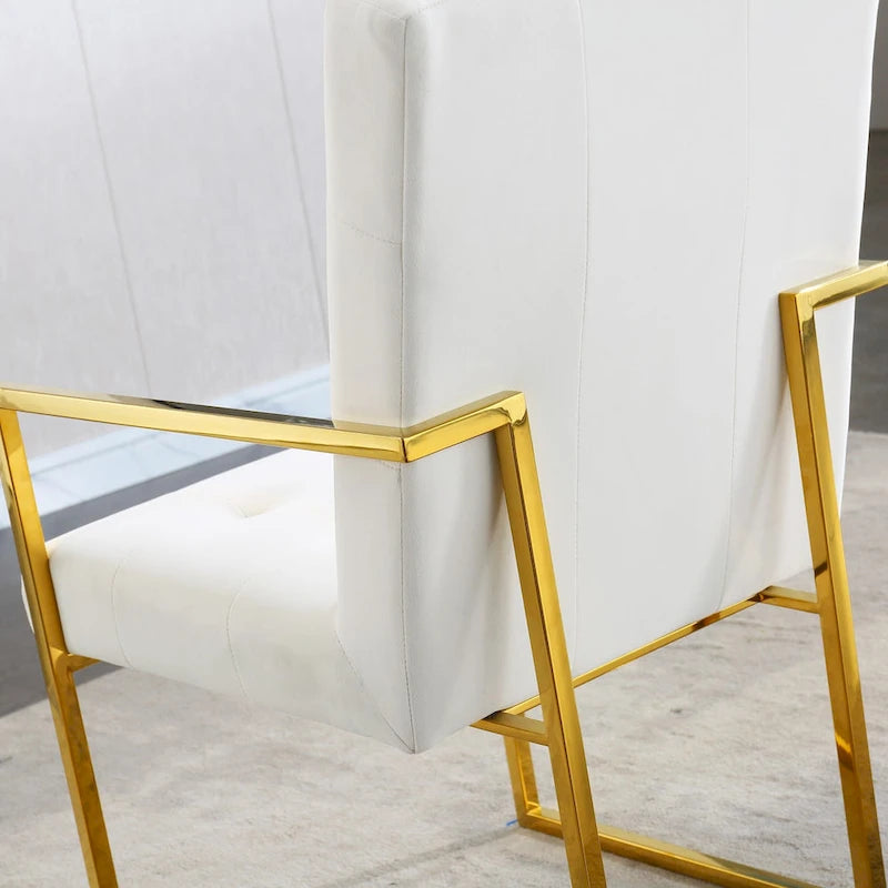 Chaise de salle à manger moderne en velours avec accoudoirs, capitonnée et base en acier inoxydable doré