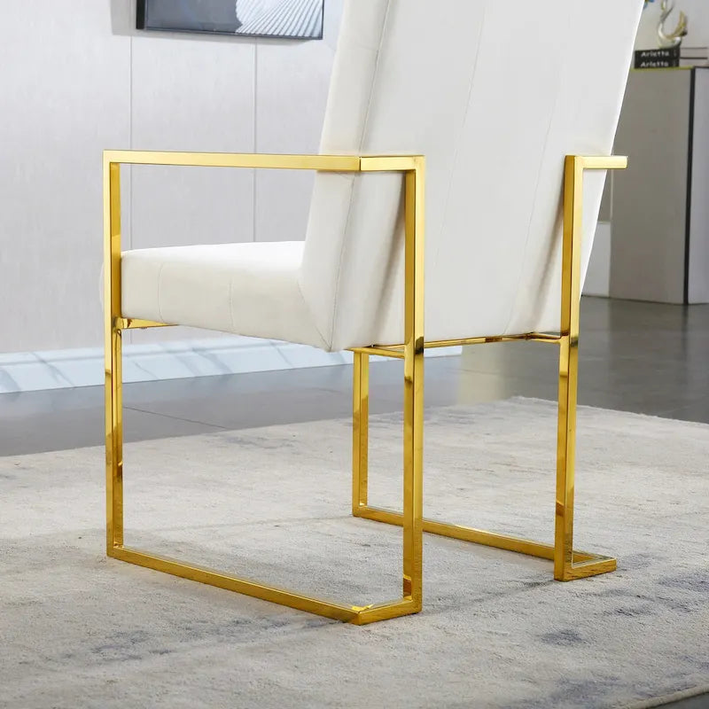 Chaise de salle à manger moderne en velours avec accoudoirs, capitonnée et base en acier inoxydable doré