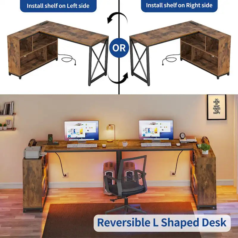 Bureau réversible en L avec étagères de rangement, bureau d'angle pour ordinateur et jeux