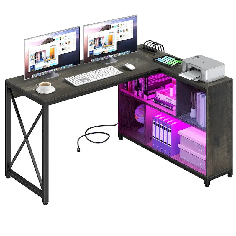 Bureau réversible en L avec étagères de rangement, bureau d'angle pour ordinateur et jeux