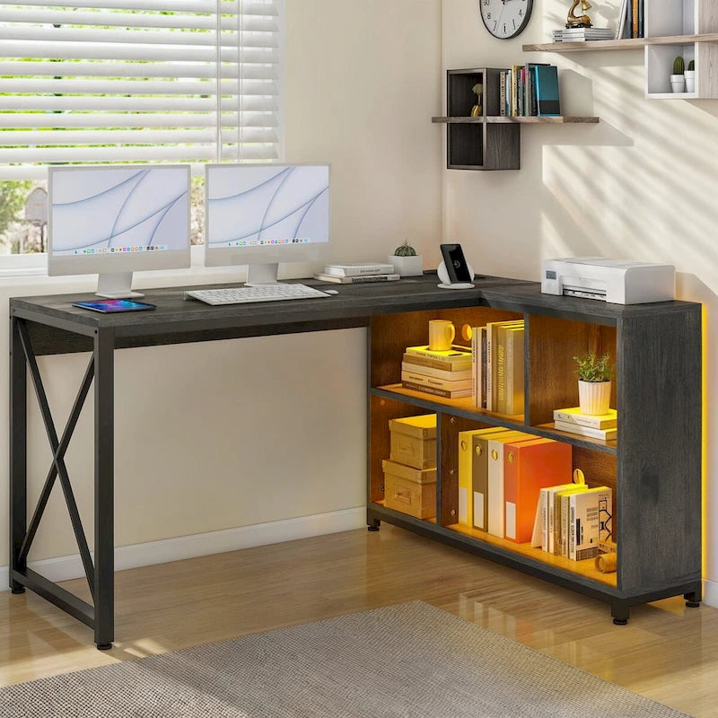 Bureau réversible en L avec étagères de rangement, bureau d'angle pour ordinateur et jeux