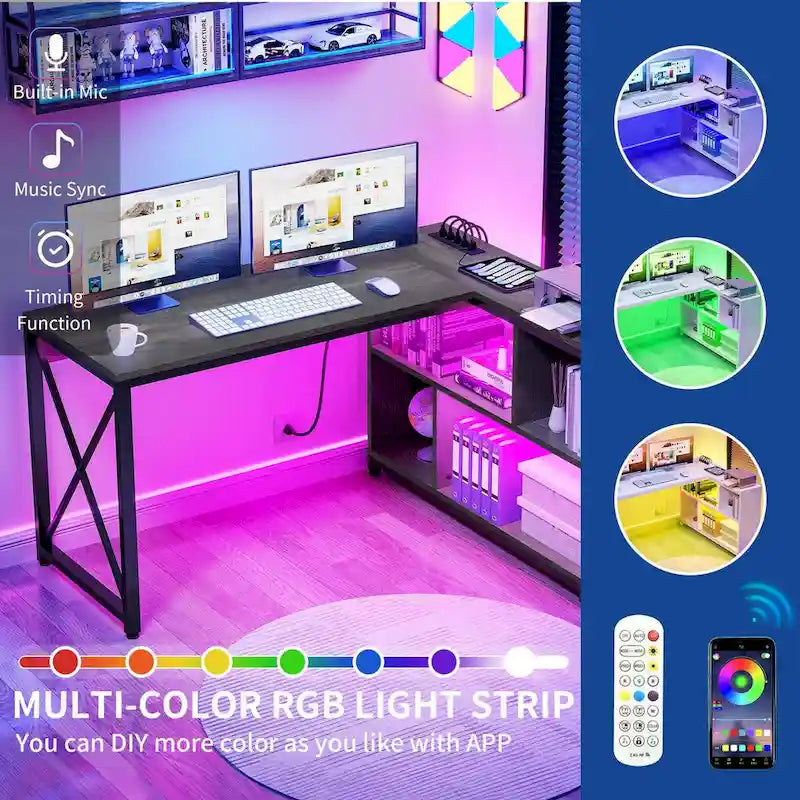 Bureau réversible en L avec étagères de rangement, bureau d'angle pour ordinateur et jeux