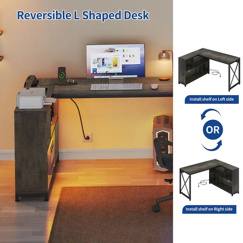 Bureau réversible en L avec étagères de rangement, bureau d'angle pour ordinateur et jeux