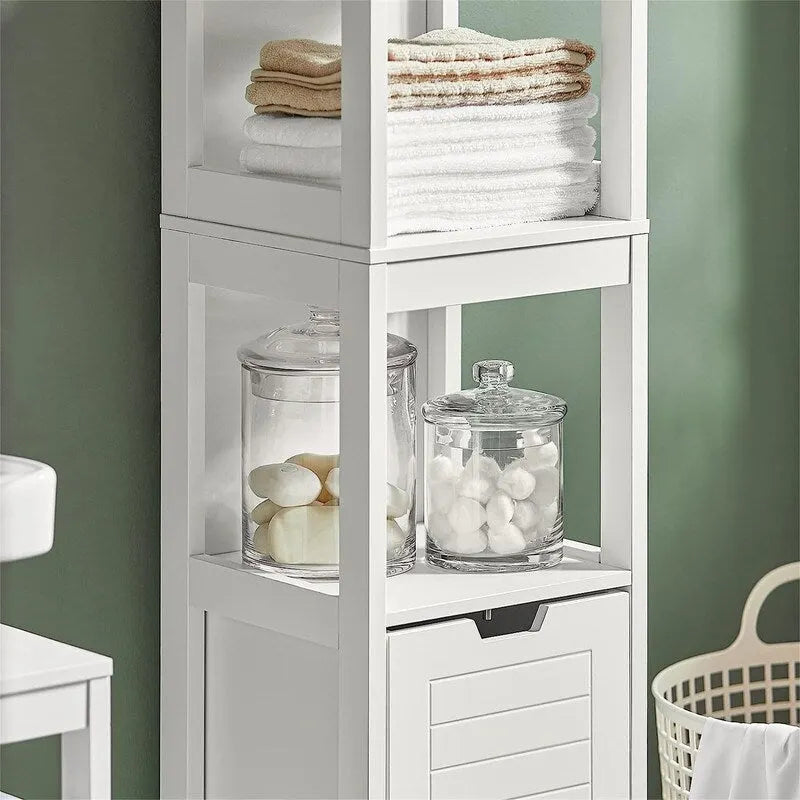 Meuble de rangement haut de salle de bain blanc avec étagères et tiroirs