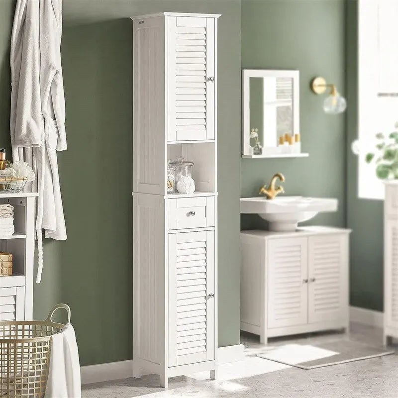 Meuble de rangement haut de salle de bain blanc avec étagères et tiroirs