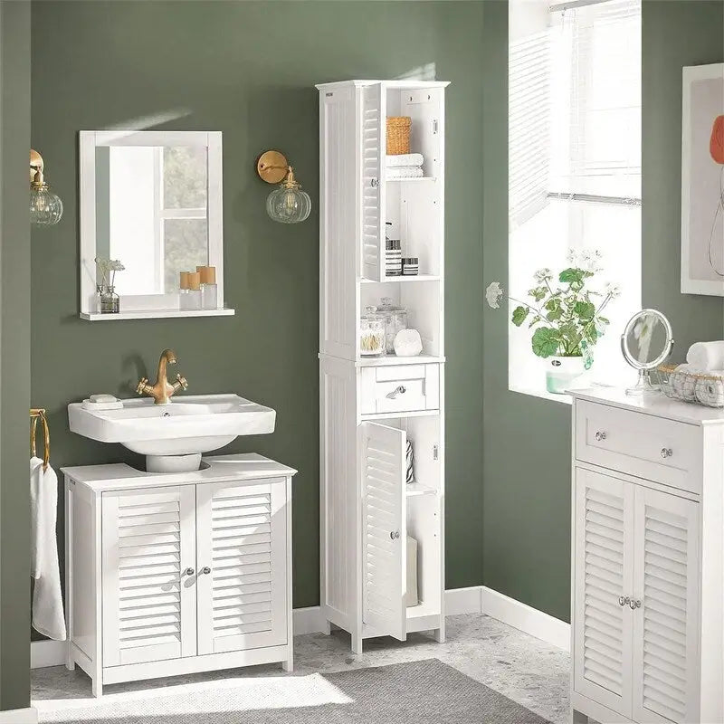 Meuble de rangement haut de salle de bain blanc avec étagères et tiroirs