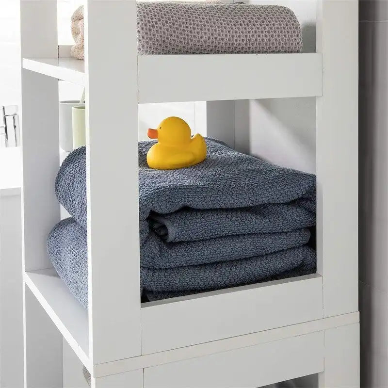 Meuble de rangement haut de salle de bain blanc avec étagères et tiroirs
