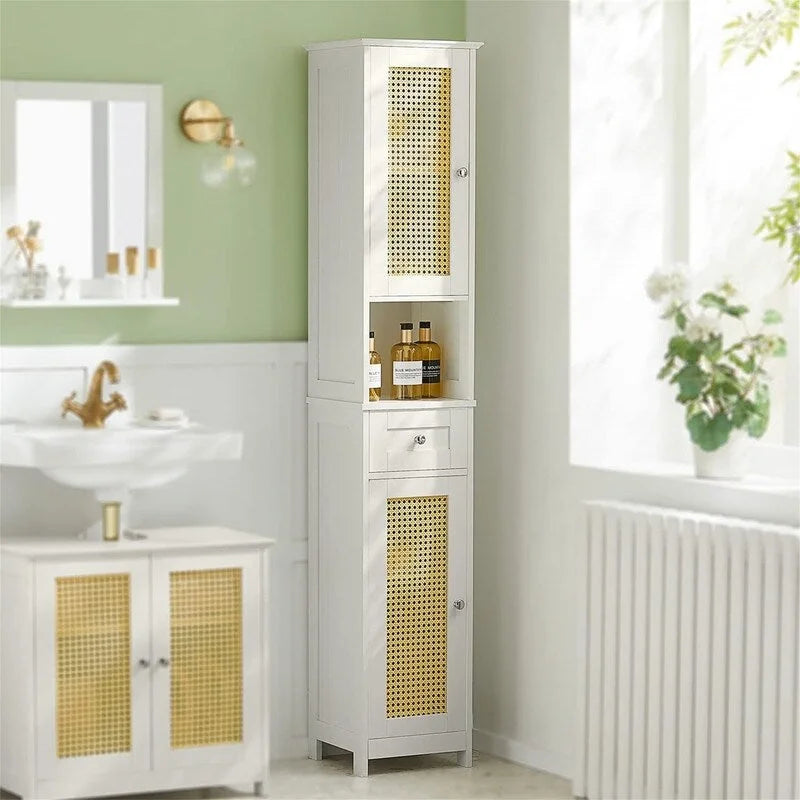 Meuble de rangement haut de salle de bain blanc avec étagères et tiroirs