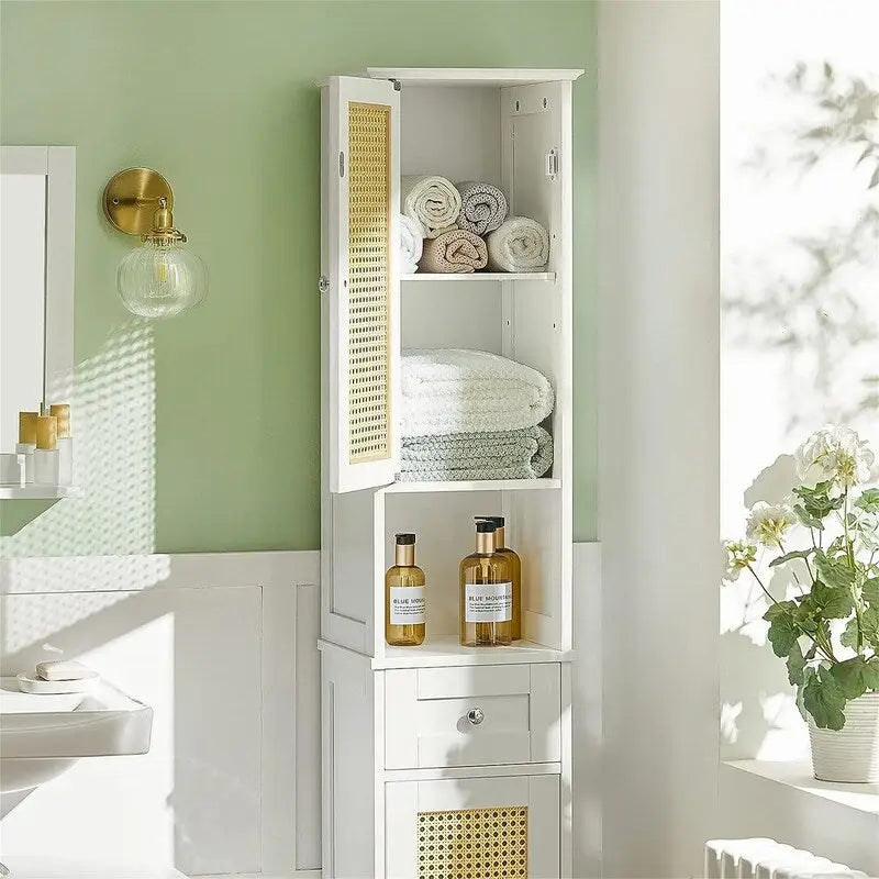 Meuble de rangement haut de salle de bain blanc avec étagères et tiroirs