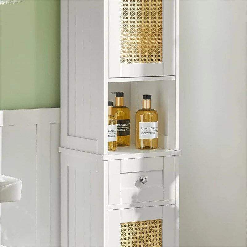 Meuble de rangement haut de salle de bain blanc avec étagères et tiroirs